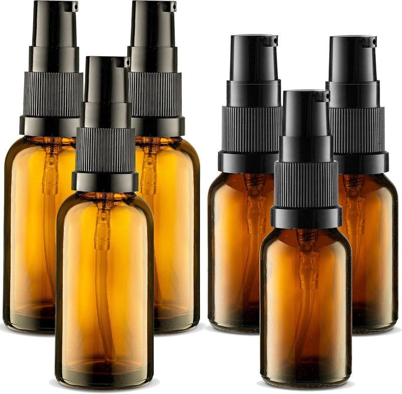VitalUp 6 Pack, 3 30ml (1oz) & 3 15ml (0.5oz) Empty Refillable Glass Amber Pump Bottle Ideal for Lotion Cream Essential Oil Travel Small Container, Convenience Pack - Image 1